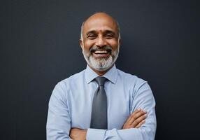 A man with a beard and tie standing in front of a gray wall photo