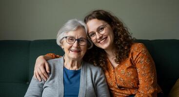 A woman and an older woman sitting on a couch photo