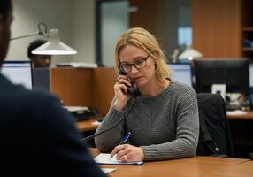A woman is talking on the phone while sitting at a desk photo