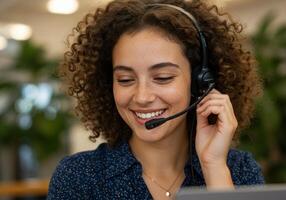 A woman wearing a headset and smiling while using a laptop photo