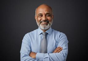 Portrait of a smiling indian businessman with beard and tie on black background photo