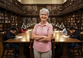 A woman standing in front of a library with students photo