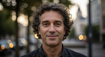 A man with curly hair standing in front of a city street photo