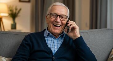 An older man with glasses and a sweater on a couch talking on a cell phone photo