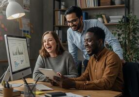 Three people are laughing and smiling while looking at a computer screen photo