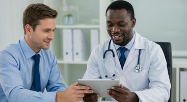 Two doctors looking at a tablet computer photo
