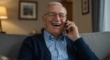 An older man sitting on a couch talking on a cell phone photo