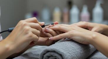 A woman getting her nails done with a nail file photo