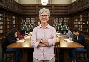 A woman in a library with her arms crossed photo