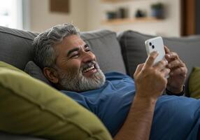 A man with a beard and a blue shirt is sitting on a couch and smiling photo