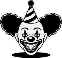 Creepy clown face with party hat silhouette and wide grinning mouth vector