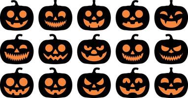 Collection of fifteen diverse black halloween pumpkin jack o lantern faces silhouette vector