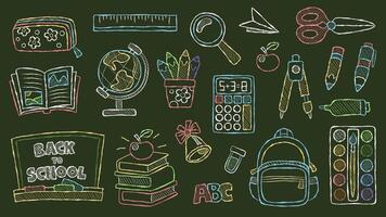 Doodle hand drawn chalkboard back to school set with colorful stationery and school supplies. books, globe, backpack, scissors, pens, calculator, paints, bell, board, apple and teaching tools. vector