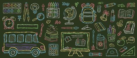 Chalk doodle hand drawn back to school set with colorful doodle icons. school bus, books, backpack, globe, calculator, stationery, chalkboard, apple, bell, alarm clock, calendar, and learning tools vector