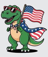 art of a patriotic cartoon dinosaur wears sunglasses and a cape while holding an american flag vector