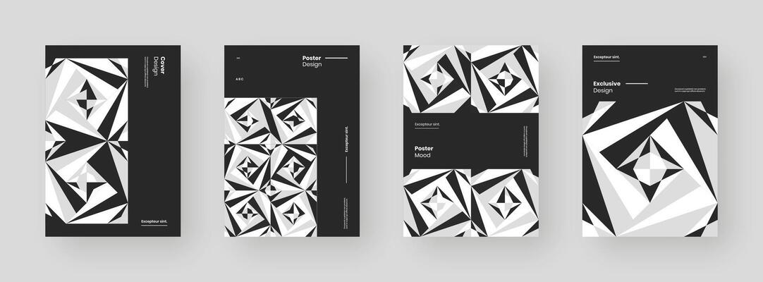 Abstract set Placards, Posters, Flyers, Banner. Colorful geometric shapes pattern. Decorative black and white backdrop.