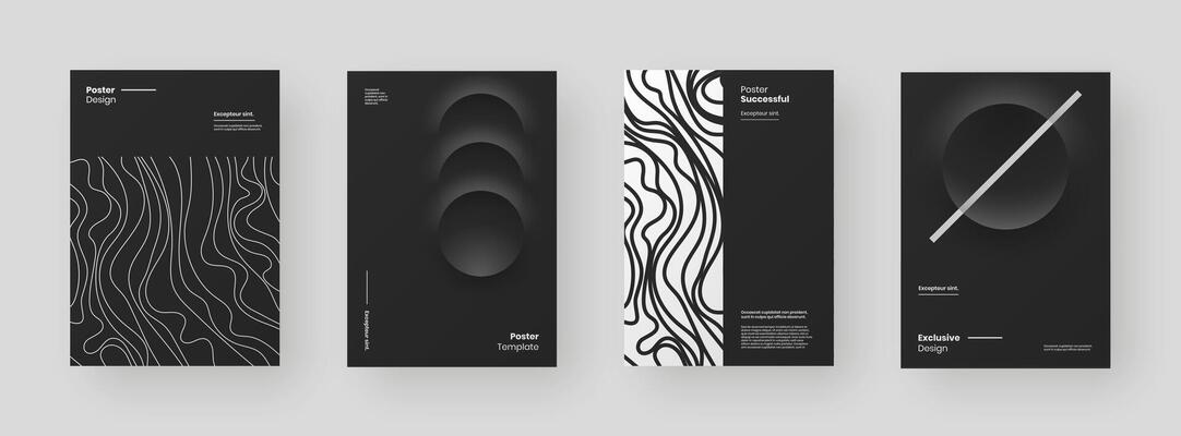 Abstract set Placards, Posters, Flyers, Banner. Black and white linear pattern, flowing lienes. Neumorphism elements. 3d geometric shapes and wavy lines. Decorative neumorphism backdrop.