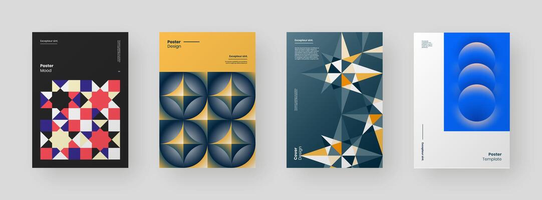 Abstract set Placards, Posters, Flyers, Banner Designs. Colorful geometric illustration on vertical A4 format. Flat shapes ornament. Decorative backdrop. Eps10