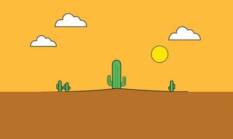 Minimal Desert Landscape with Cacti, Sun, Clouds, Serene Nature Scene in Warm Tones, Illustration vector