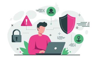 Man on Laptop with Cybersecurity and Data Protection vector