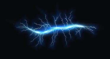 Electric Lightning Bolt Energy Discharge With Glowing Blue Sparks On Dark Background. High Voltage Thunder Shock Effect. Illustration vector