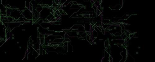 Glowing Tech Grid With Green And Purple Lines. Abstract digital circuit background for hacking, cybersecurity, or AI themes. High-tech layout with neon effect. Futuristic Hack BG. illustration. vector