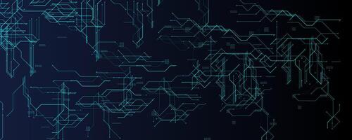 Hi-Tech Circuit Background With Glowing Lines. Blue digital network on dark gradient, ideal for innovation, computing, and futuristic interfaces. Clean cyber pattern and layout. illustration. vector
