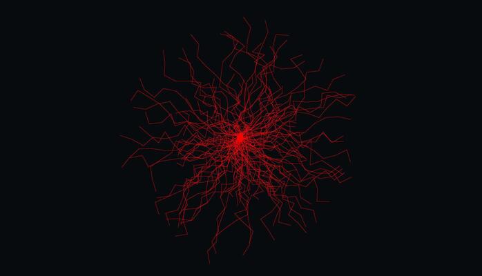 Abstract Red Neural Network Lines Radiating From Center On Black Background. Futuristic Tech And Brain-Inspired Concept Design for Science, Medicine, AI Tech, Machine Learning. Illustration