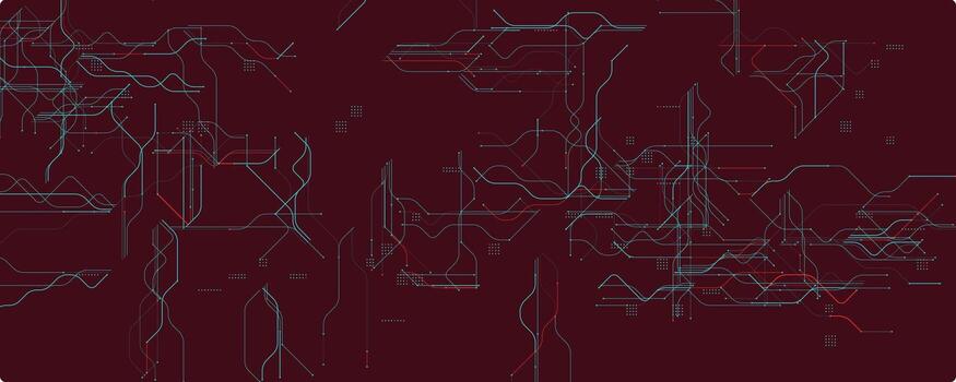 Tech Lines On Dark Red. Abstract Circuit Design with Flowing Blue and Red Connections. Ideal for Data, AI, Cyber Interfaces, and Futuristic Tech Presentations. Illustration. vector