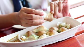 Person savoring conch shells at a table video