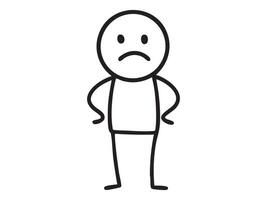 Black stick figure man with sad face and arms akimbo, cartoon character graphic illustration, isolated on white background. Concept of disappointment, human emotion, mental state, design element vector