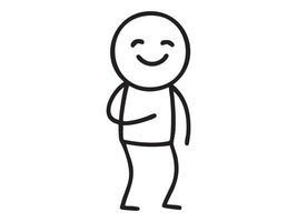 Black stick figure man smiling with closed eyes and hand on chest, cartoon character graphic illustration, isolated on white background. Concept of gratitude, kindness, sincerity, human emotion vector