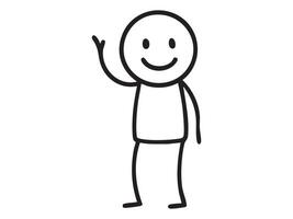 Black stick figure man with emotions in doodle style, waving and smiling character illustration. concept of cartoon, icon, simple art, emotions, design element, minimalist drawing. vector