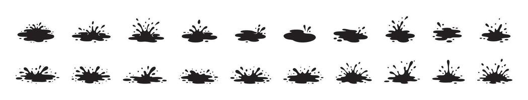 Set of black ink or paint splash silhouettes isolated on white background. Concept of liquid stains, puddle splashes, water drops, grunge blots, mud spots, abstract elements for design, messy vector
