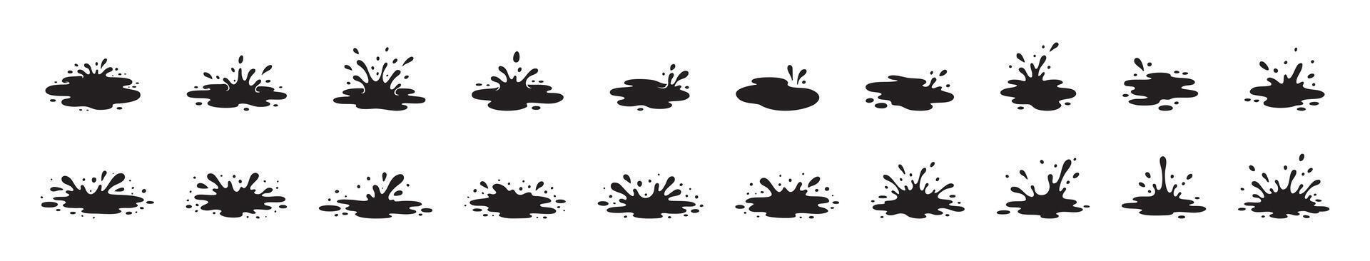 Set of black ink or paint splash silhouettes isolated on white background. Concept of liquid stains, puddle splashes, water drops, grunge blots, mud spots, abstract elements for design, messy