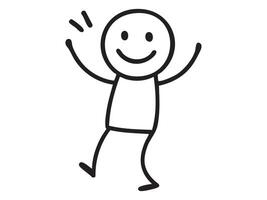 Black stick figure man with happy facial expression waving hand, cartoon style line drawing. Concept of joy, greeting, human character, cheerful emotion, outline icon, isolated on white background vector