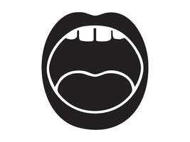 Black silhouette of open human mouth with visible teeth and tongue isolated on white background, graphic illustration. Concept of speaking, eating, oral health, communication, human anatomy element vector