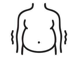 Black outline of male fat belly with shaking effect lines, isolated on white background, graphic illustration. Concept of obesity, weight gain, belly fat, body shape, health risk, design element vector