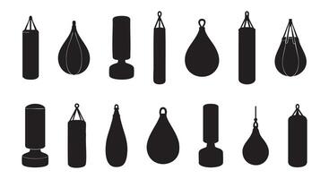 Silhouettes of various punching bags in different shapes, isolated on white background, graphic illustration. concept of fitness, boxing equipment, gym training, icon, design element vector