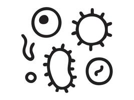 Black icons of various microorganisms including bacteria and virus, isolated on white background, graphic illustration. concept of microbe, biology, science, microscopic, icon vector