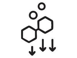 Black icon of hexagonal chemical compound with arrows and circles, isolated on white background, graphic illustration. concept of chemistry, science, molecular structure, icon, logo, design element. vector