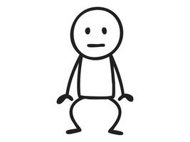 Black stick figure man in neutral pose with blank expression, cartoon line style drawing. Concept of apathy, boring emotion, passive mood, human character, isolated on white background vector