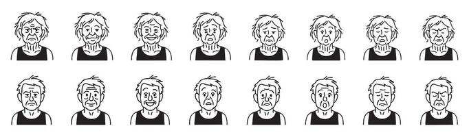 Set of old man and woman faces with various emotional expressions isolated on white background. Concept of senior characters, aging emotions, psychological states, avatar collection, design elements vector