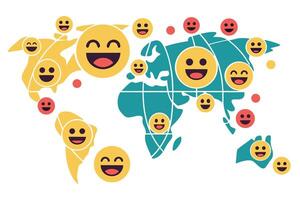 World Map with Smiling Emoji Faces in Yellow Teal and Red vector