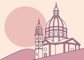 Pink illustration of a church building with a dome and tower vector