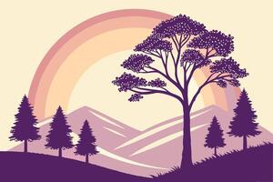 Purple Landscape with Trees Mountains and Rainbow illustration vector