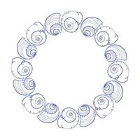 Circular marine frame composed of spiral seashells. Hand-drawn outline design for nautical decor, ocean labels, and summer-themed layouts. vector