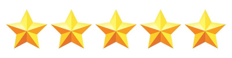 Row of five golden rating stars. Bright yellow 3D stars on white background, perfect for review, rating, feedback and quality concept design. vector