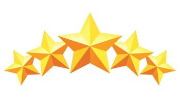 Curved layout of five golden stars with large central star. Ideal for premium rating, achievement badge, winner emblem and high-quality visual content. vector
