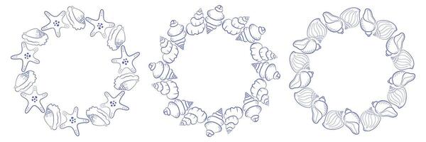 Collection of three circular marine frames featuring seashells, sea stars and spiral shells. Hand-drawn ocean borders in linear style for summer invitations, logos and nautical design. vector